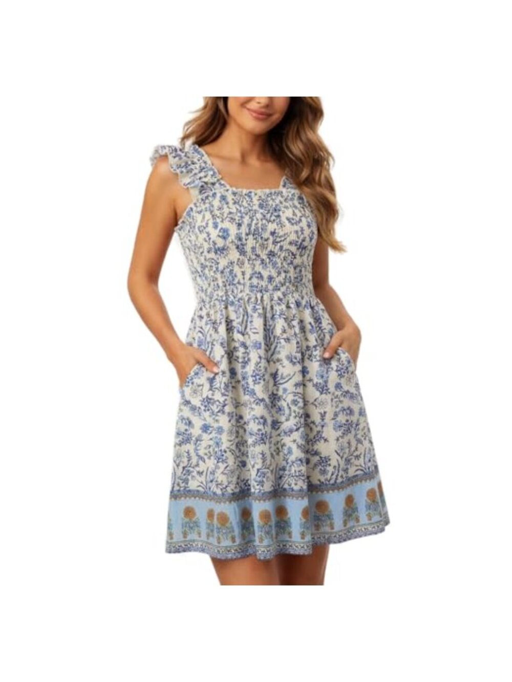 Women's Boho Smocked Mini Dress Square Neck Floral Tiered Swing